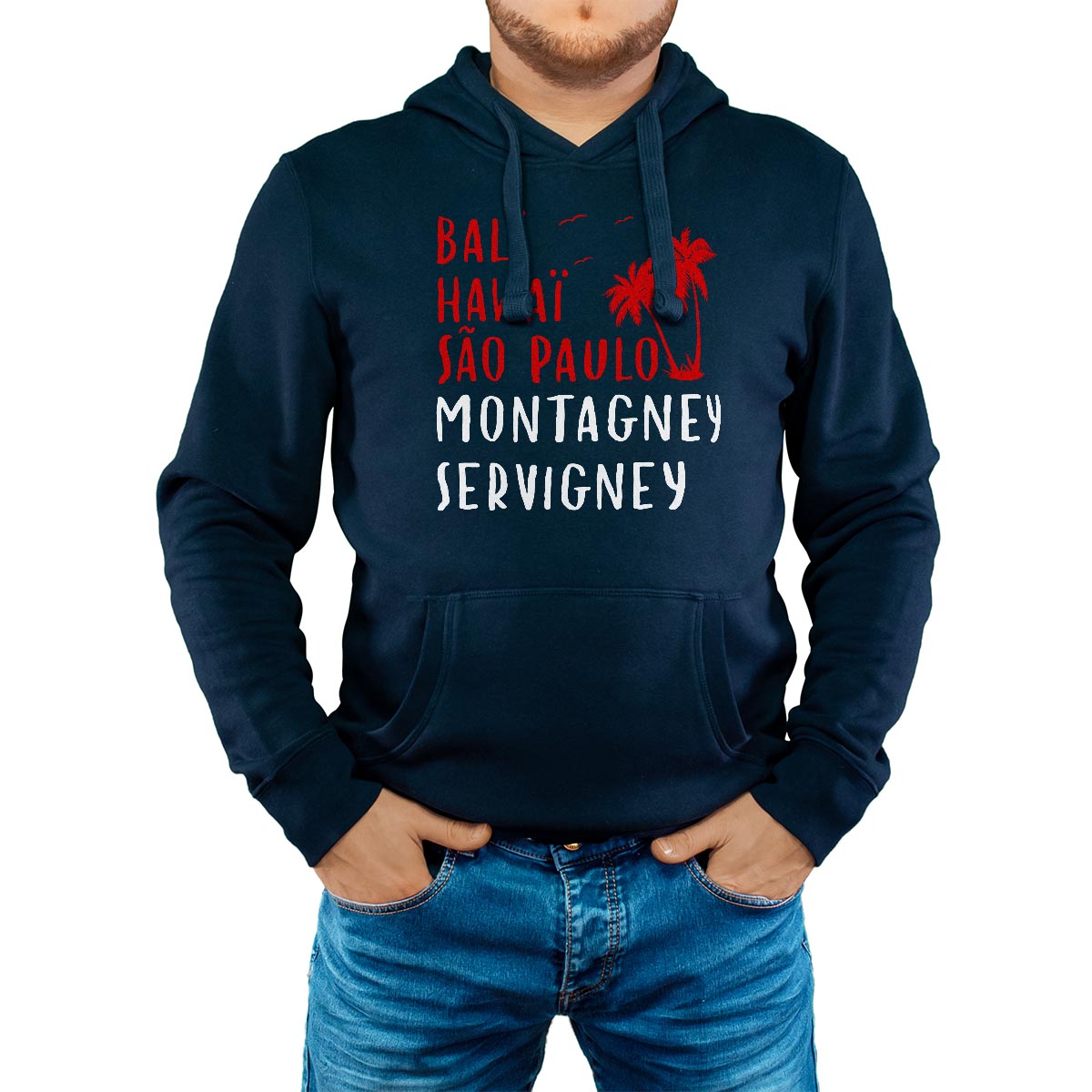 Sweat-shirt à capuche marine pour homme avec le message personnalisé rouge bali hawaï sao-paulo montagney-servigney