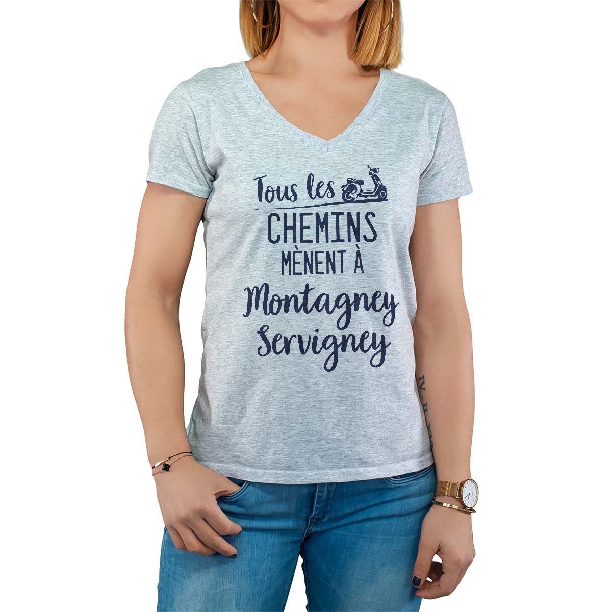 T-Shirt gris pour femme avec le message personnalisé marine tous les chemins mènent à montagney-servigney