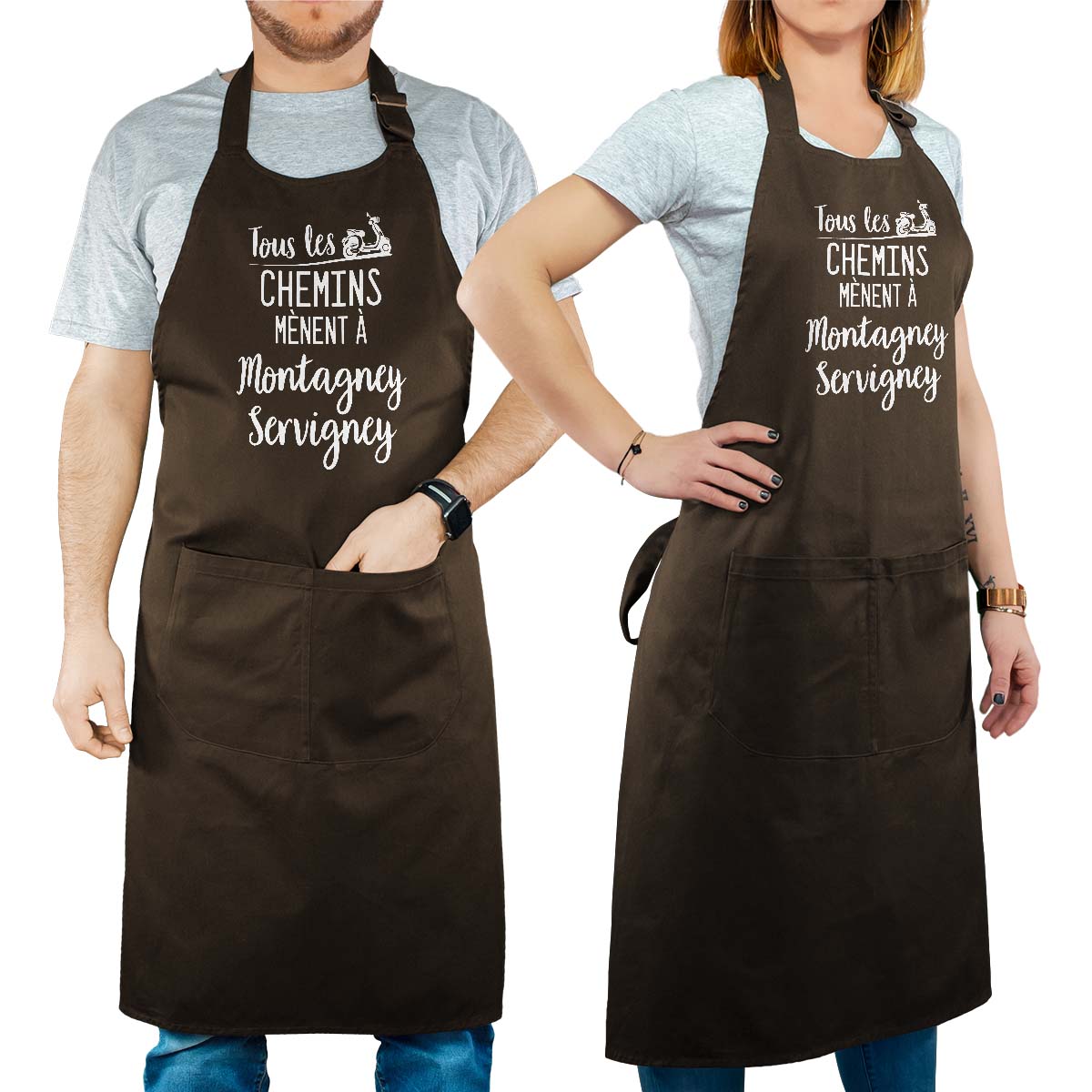 Tablier de cuisine personnalisé cacao pour femme avec le message personnalisé blanc tous les chemins mènent à montagney-servigney