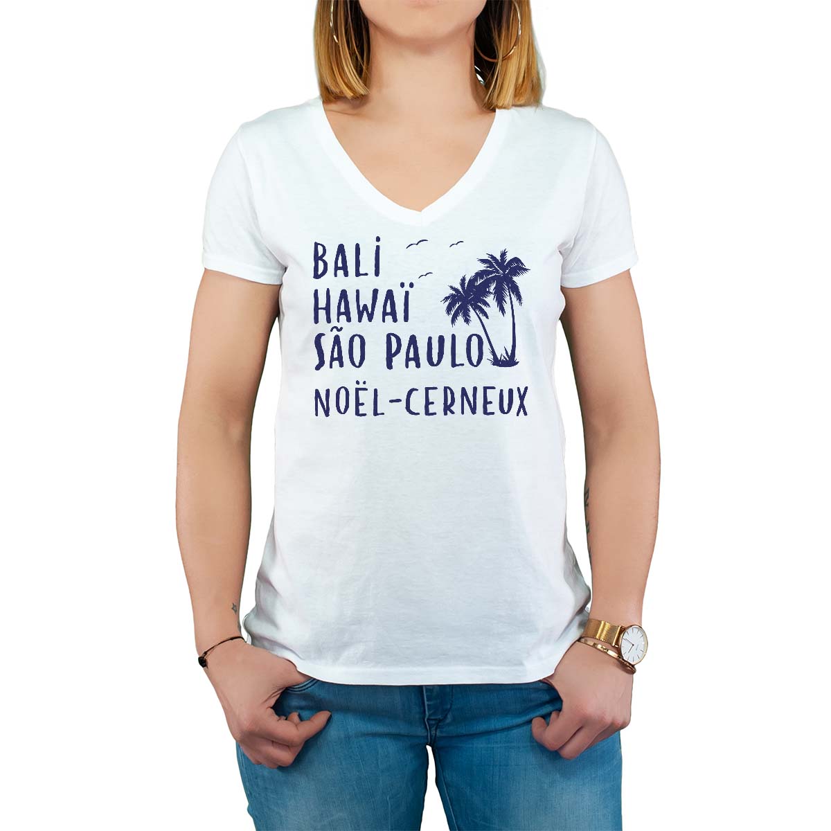 T-Shirt blanc pour femme avec le message personnalisé marine bali hawaï sao-paulo noël-cerneux