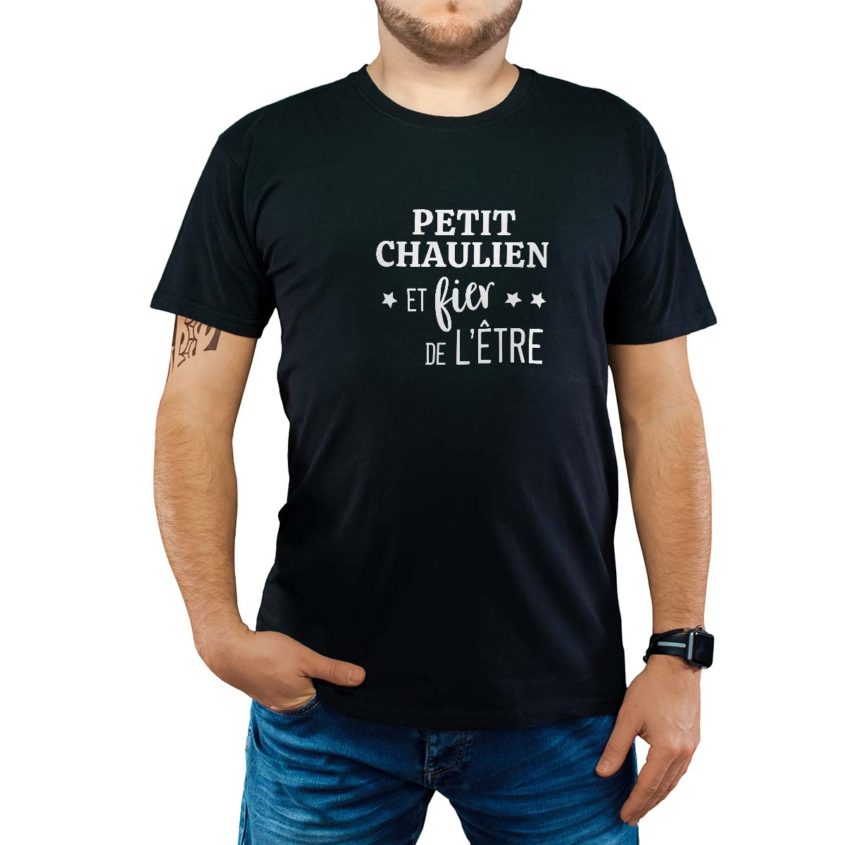 T-Shirt noir pour homme avec le message personnalisé blanc petites-chaulie  et fier de l'être