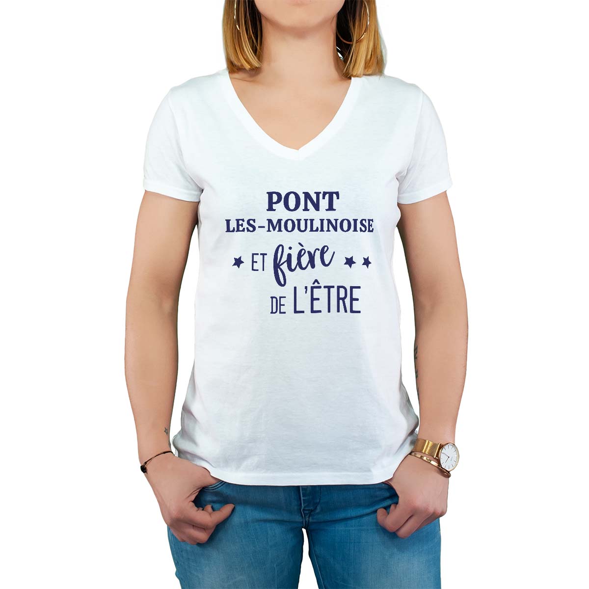 T-Shirt blanc pour femme avec le message personnalisé marine pont-les-moulinoise  et fière de l'être