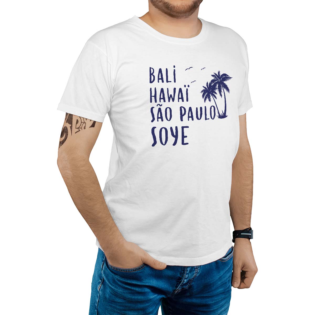 T-Shirt blanc pour homme avec le message personnalisé marine bali hawaï sao-paulo soye