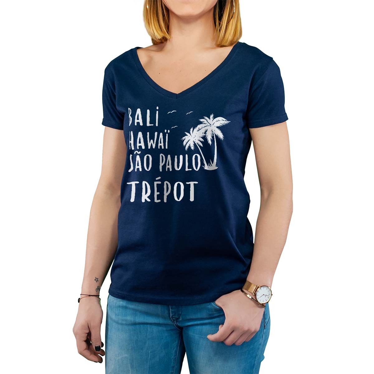 T-Shirt marine pour femme avec le message personnalisé blanc bali hawaï sao-paulo trépot