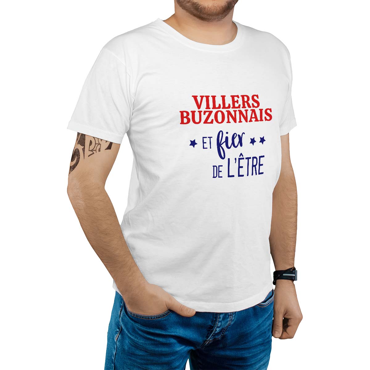 T-Shirt blanc pour homme avec le message personnalisé marine villers-buzonnais  et fier de l'être