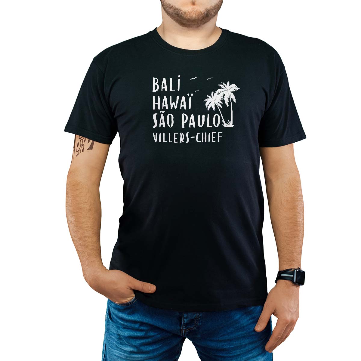 T-Shirt noir pour homme avec le message personnalisé blanc bali hawaï sao-paulo villers-chief