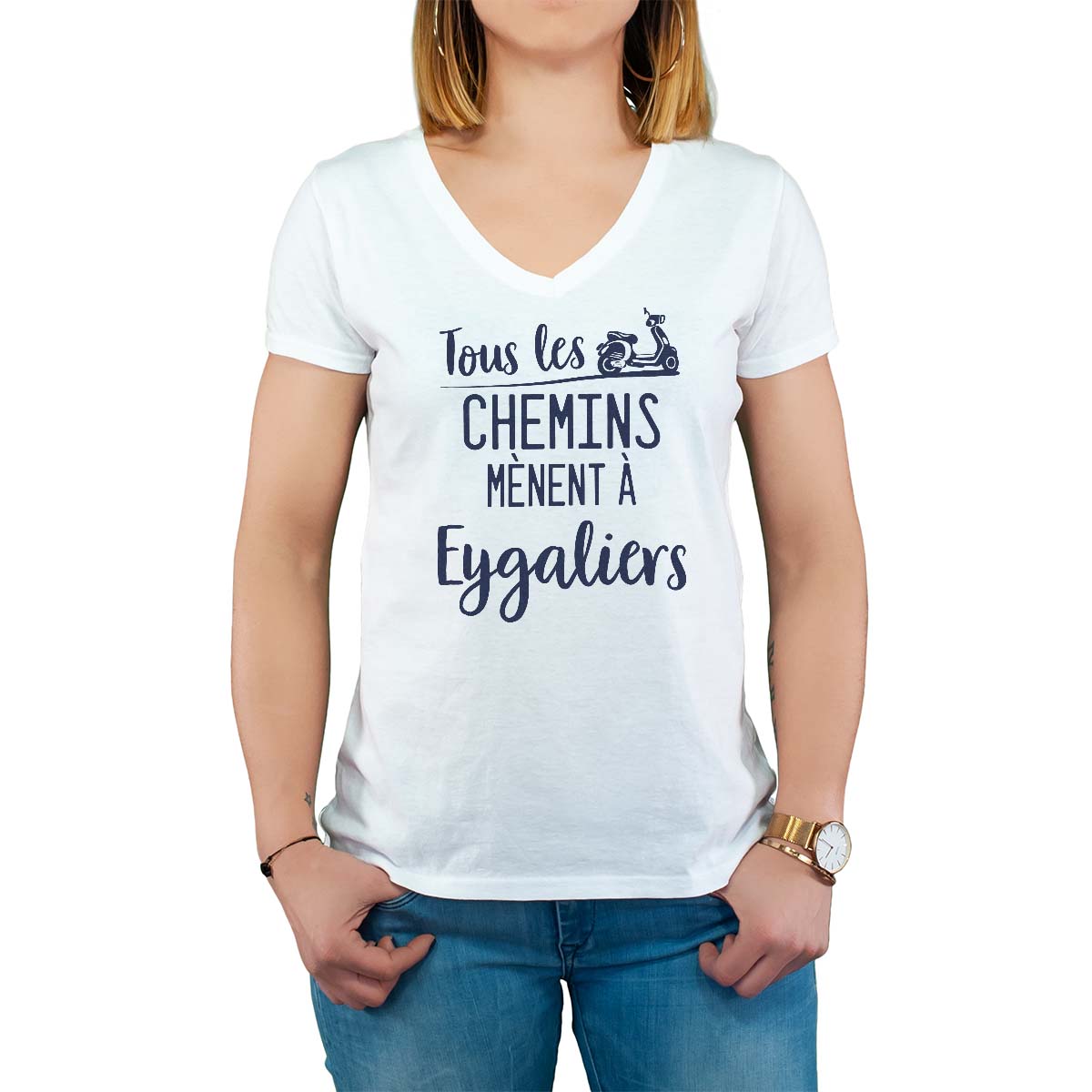 T-Shirt blanc pour femme avec le message personnalisé marine tous les chemins mènent à eygaliers