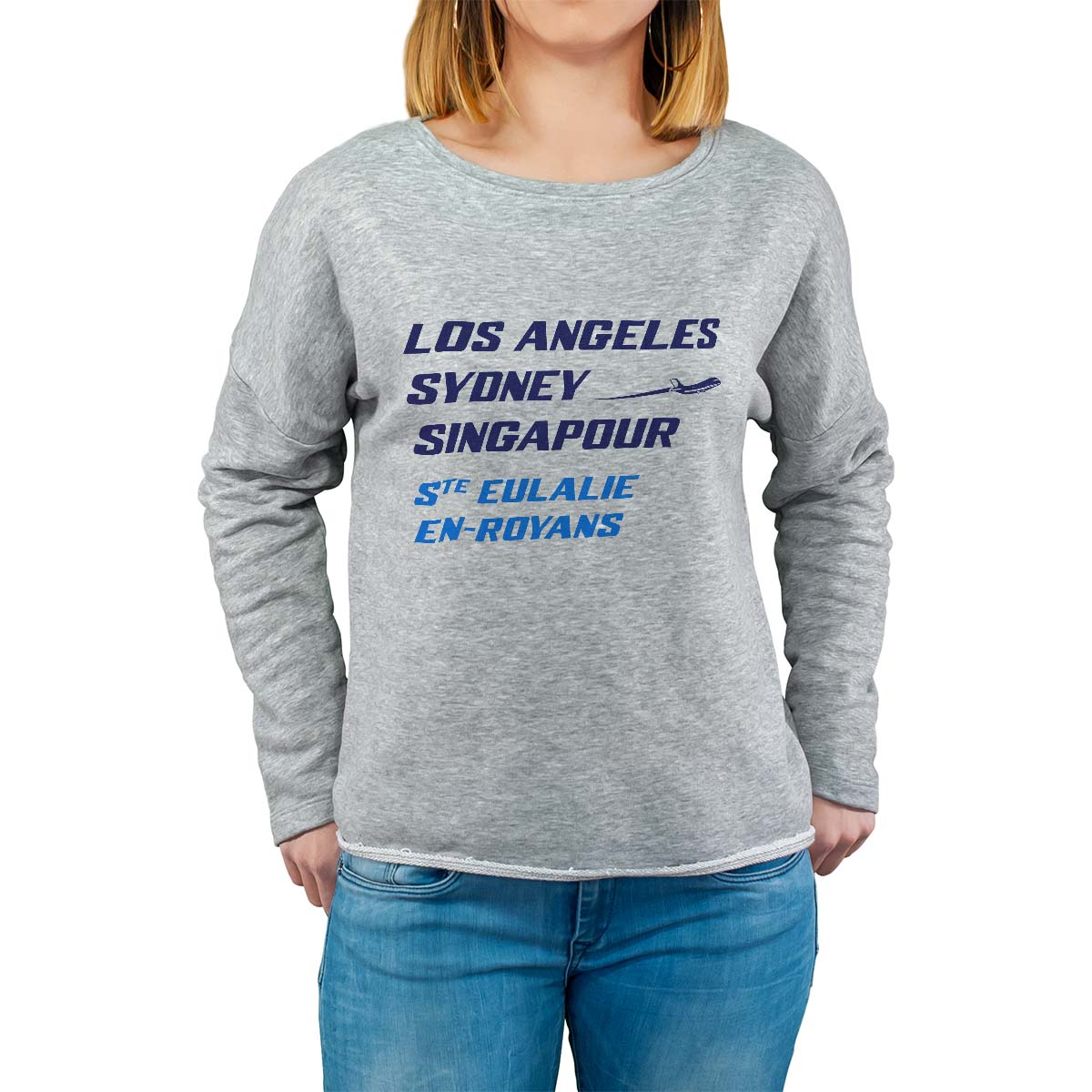 Sweat shirt gris pour femme avec le message personnalisé marine los angeles sydney singapour sainte-eulalie-en-royans