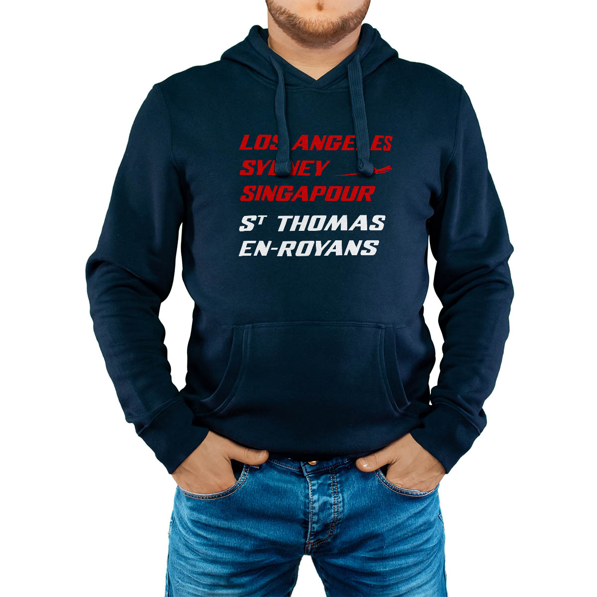 Sweat-shirt à capuche marine pour homme avec le message personnalisé rouge los angeles sydney singapour saint-thomas-en-royans