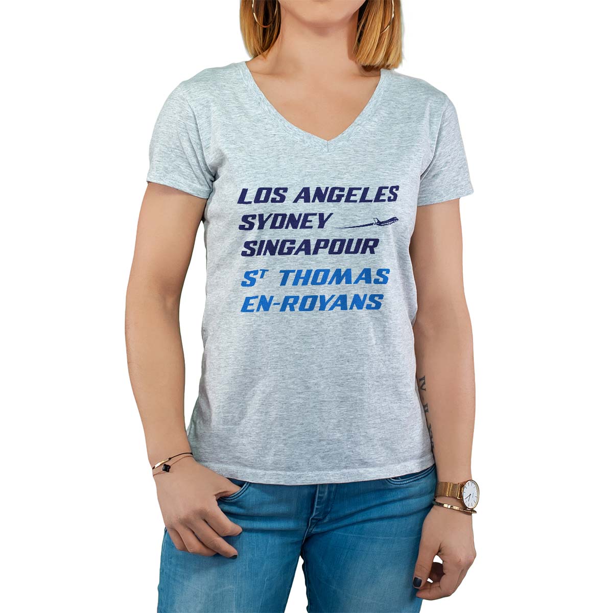T-Shirt gris pour femme avec le message personnalisé marine los angeles sydney singapour saint-thomas-en-royans