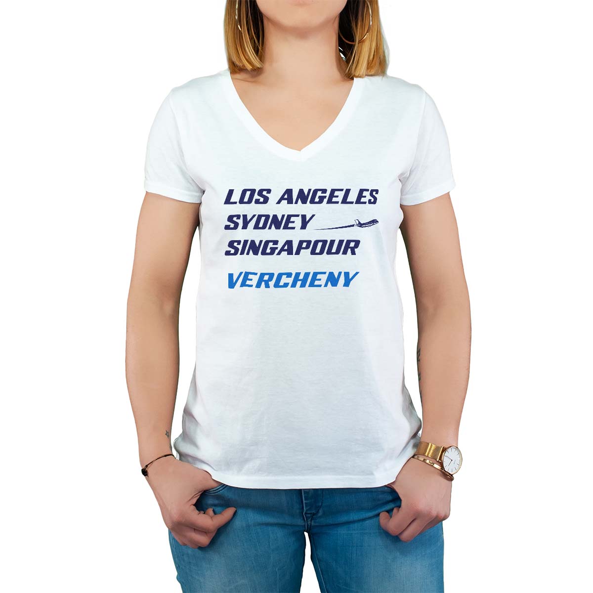 T-Shirt blanc pour femme avec le message personnalisé marine los angeles sydney singapour vercheny