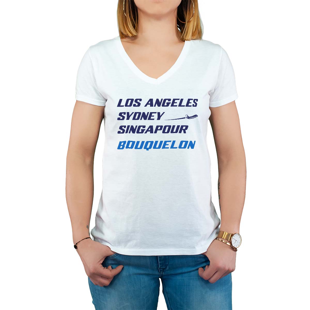 T-Shirt blanc pour femme avec le message personnalisé marine los angeles sydney singapour bouquelon