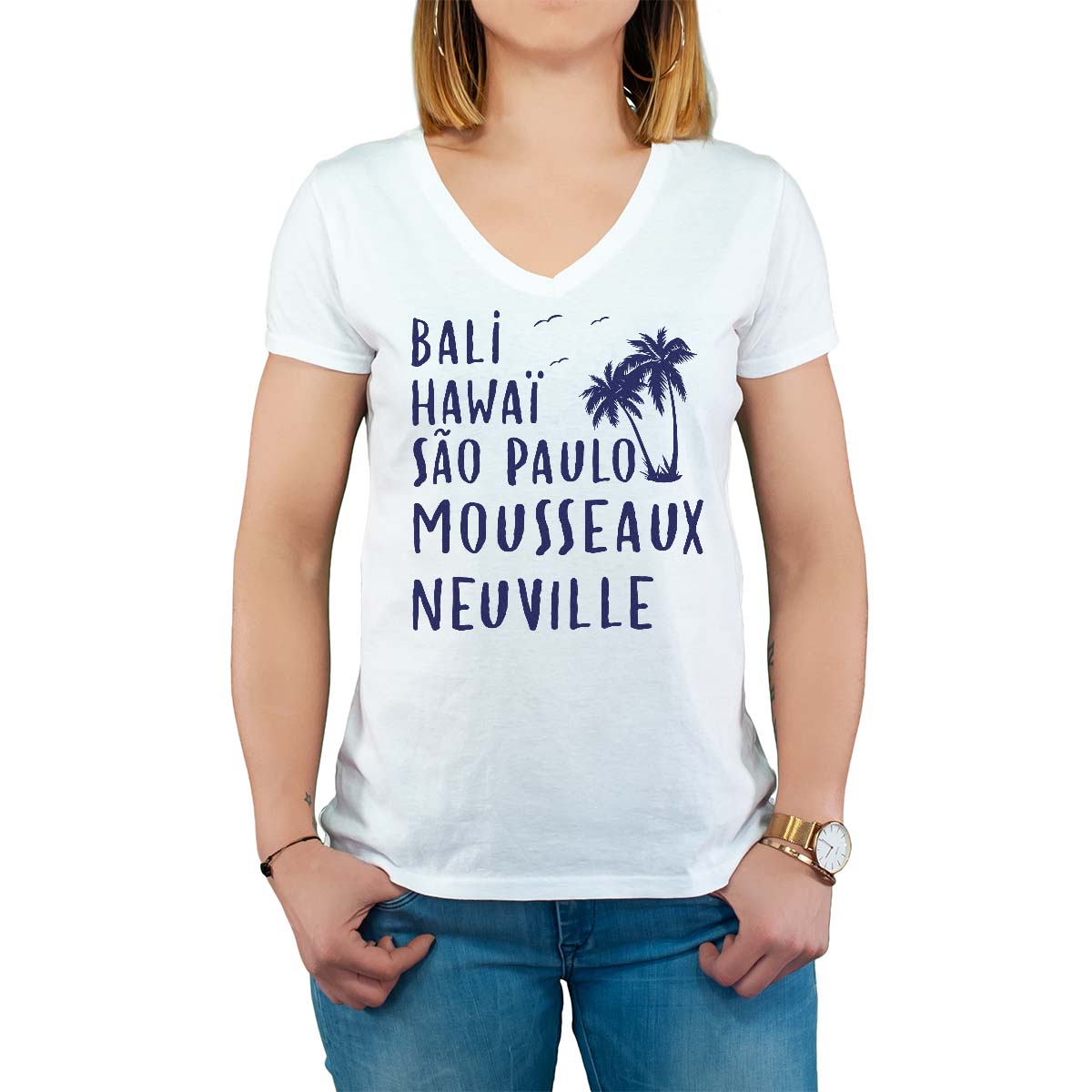 T-Shirt blanc pour femme avec le message personnalisé marine bali hawaï sao-paulo mousseaux-neuville