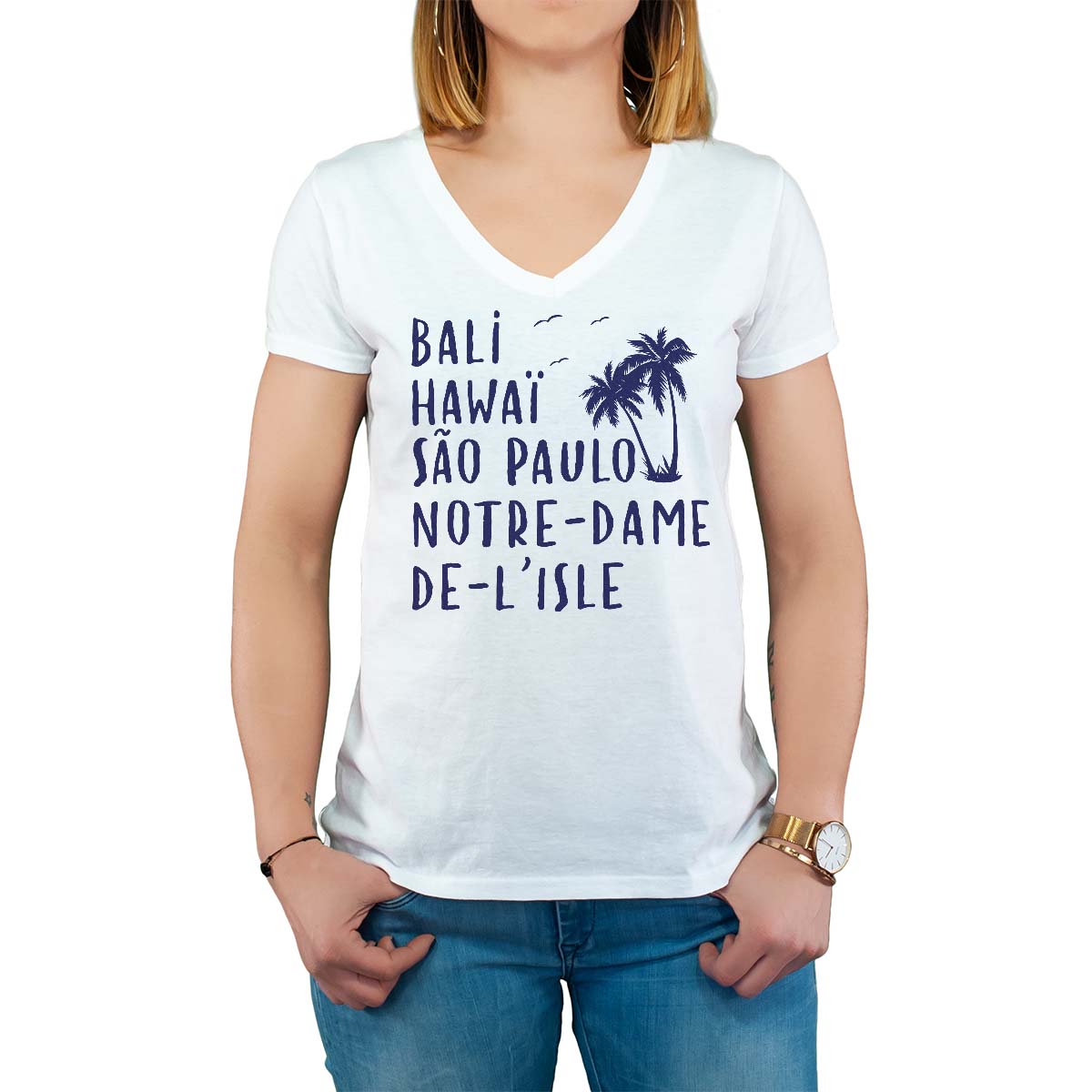 T-Shirt blanc pour femme avec le message personnalisé marine bali hawaï sao-paulo notre-dame-de-l'isle