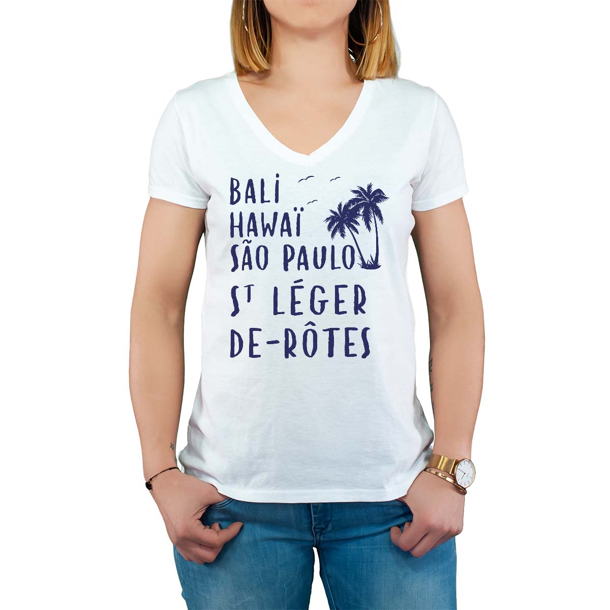 T-Shirt blanc pour femme avec le message personnalisé marine bali hawaï sao-paulo saint-léger-de-rôtes