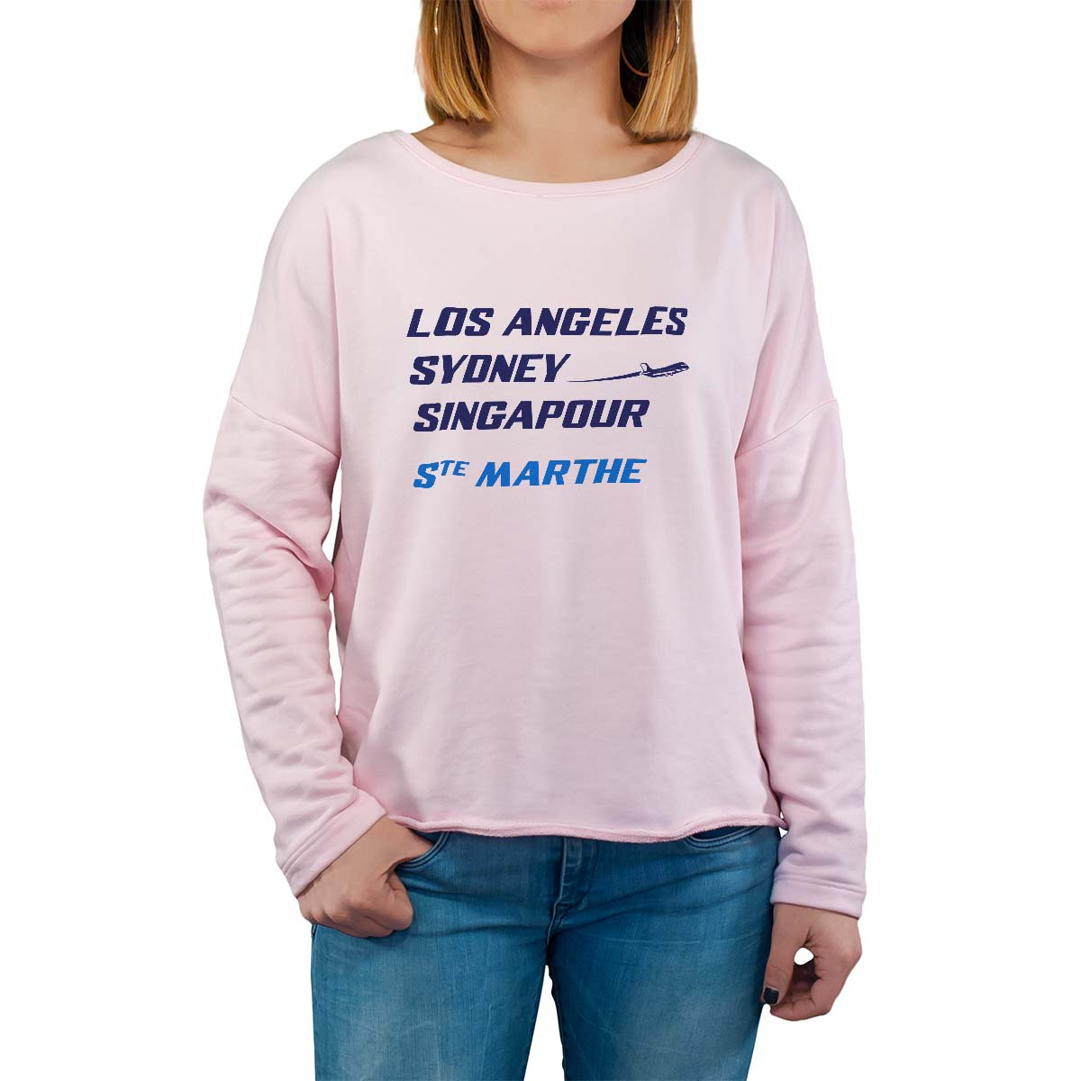 Sweat shirt rose pour femme avec le message personnalisé marine los angeles sydney singapour sainte-marthe