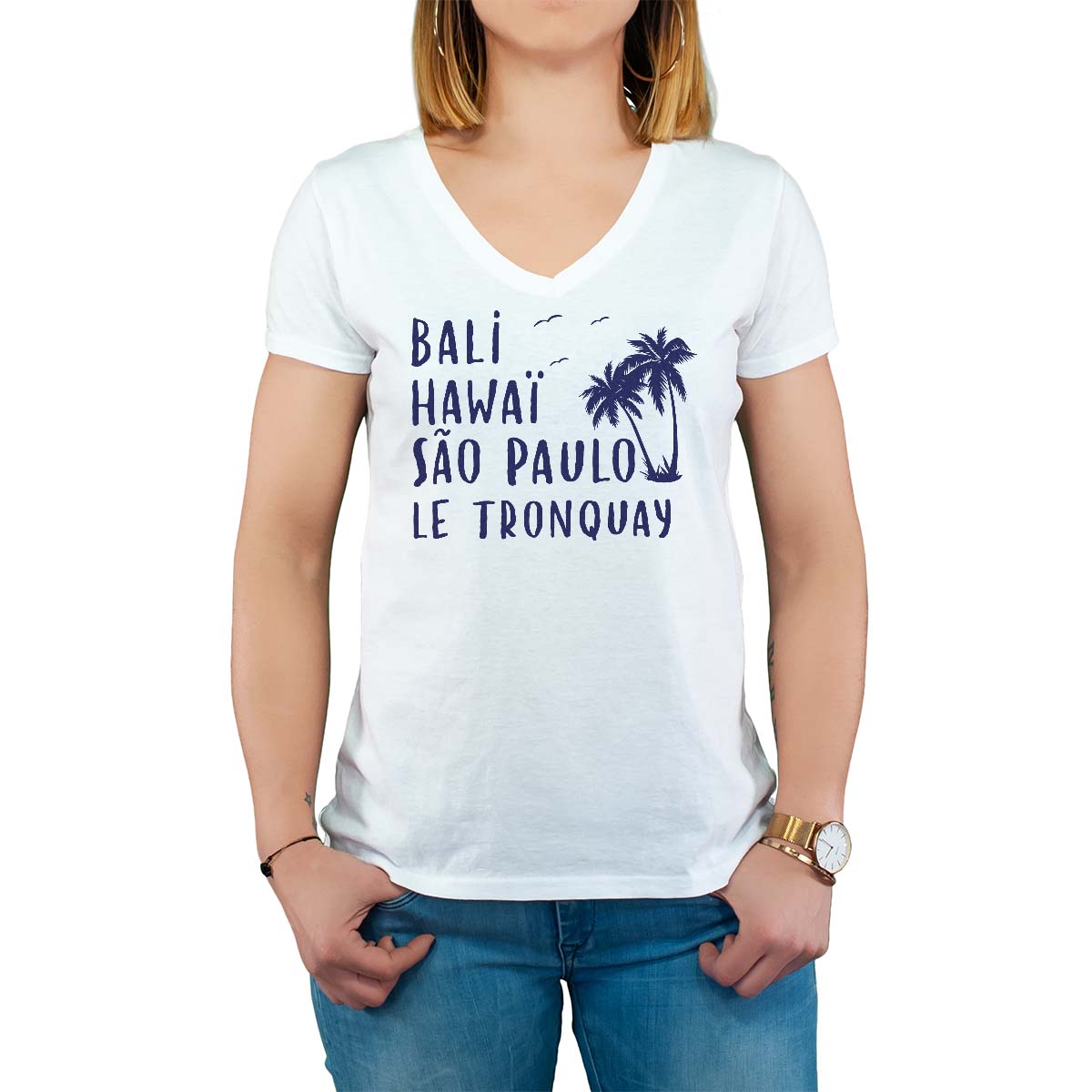 T-Shirt blanc pour femme avec le message personnalisé marine bali hawaï sao-paulo le tronquay