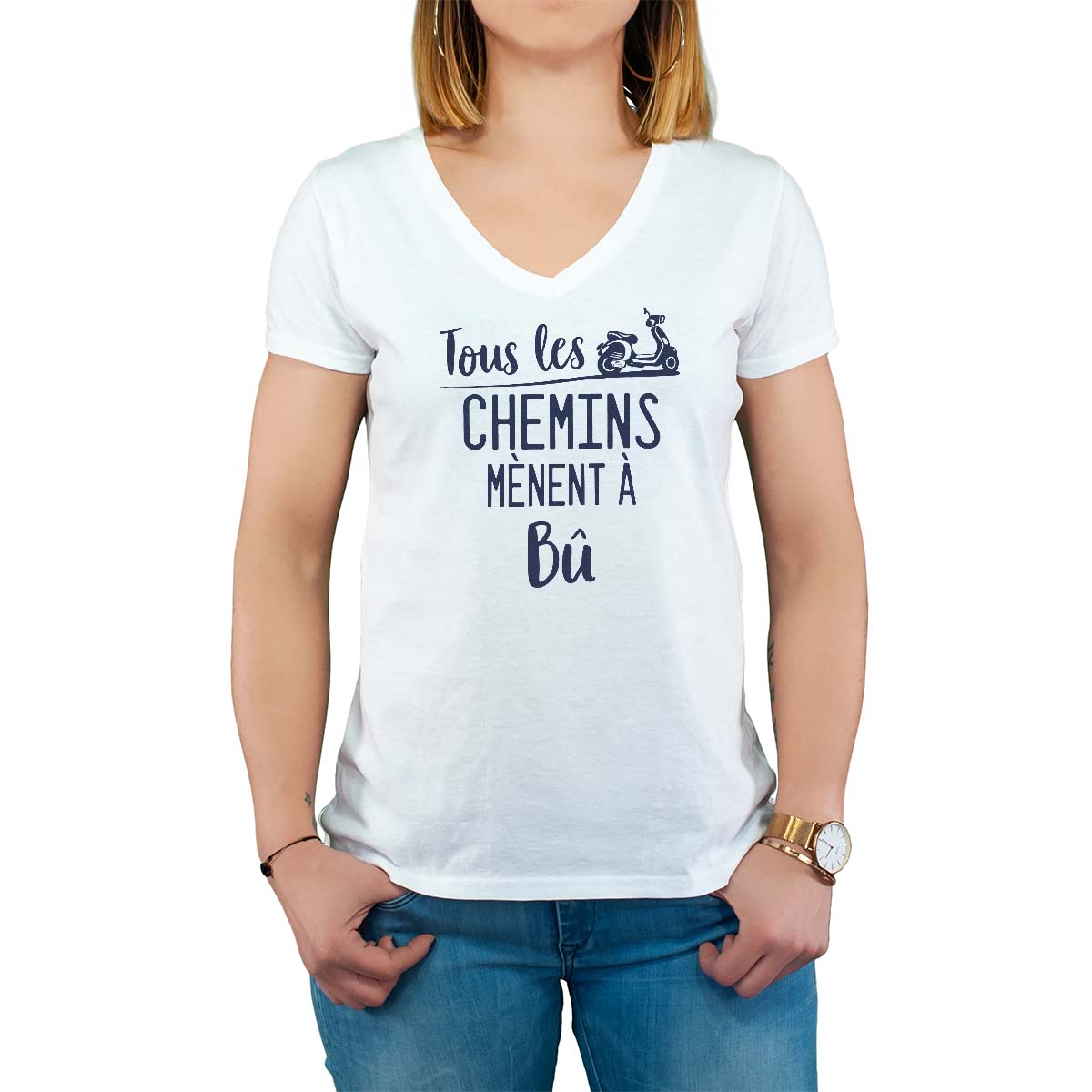 T-Shirt blanc pour femme avec le message personnalisé marine tous les chemins mènent à bû