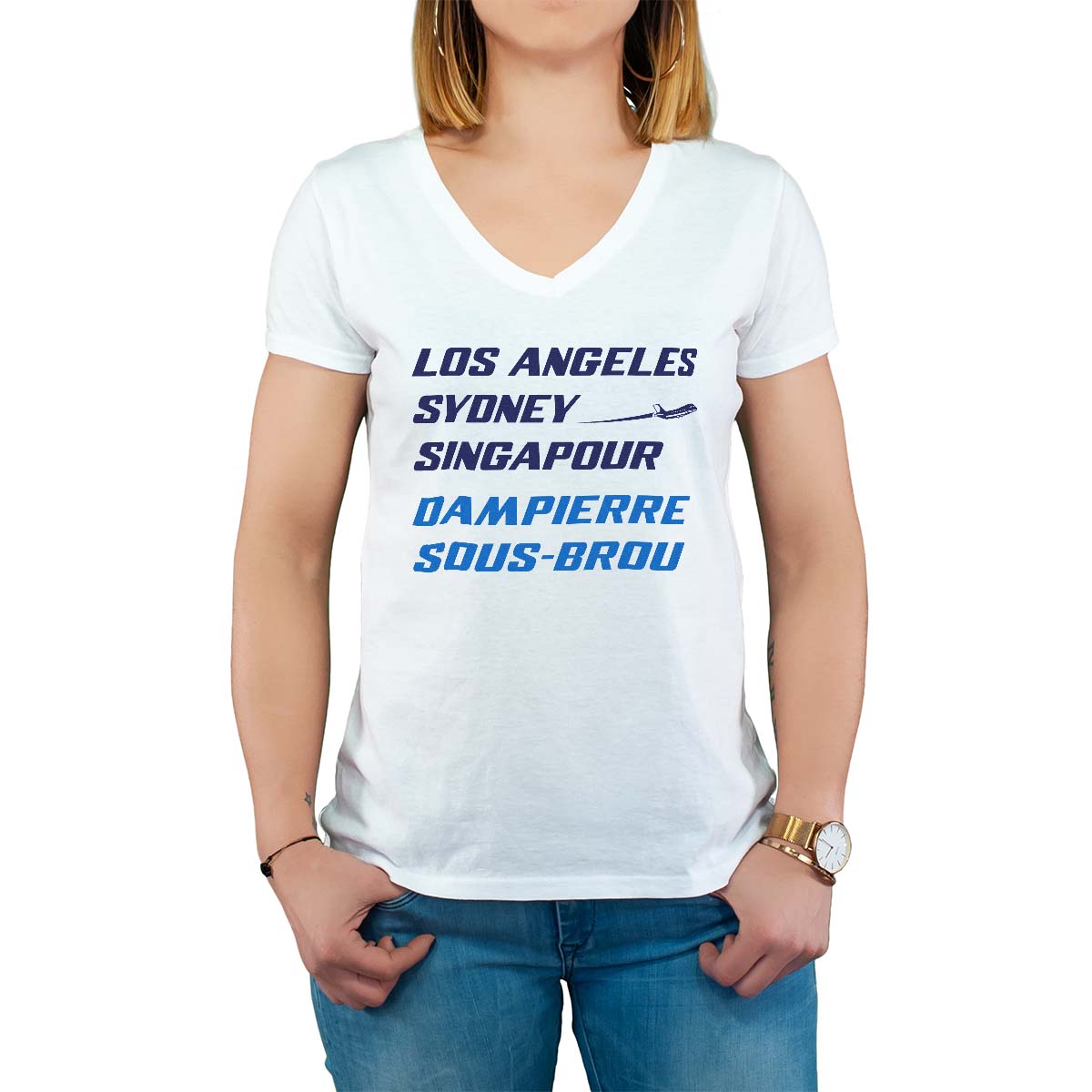 T-Shirt blanc pour femme avec le message personnalisé marine los angeles sydney singapour dampierre-sous-brou