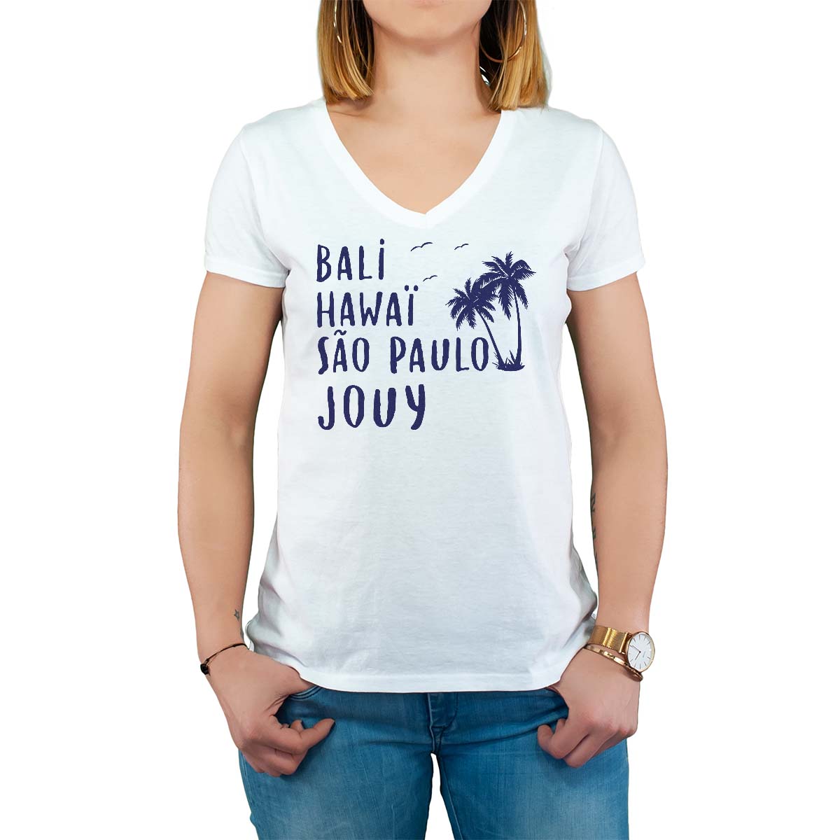 T-Shirt blanc pour femme avec le message personnalisé marine bali hawaï sao-paulo jouy