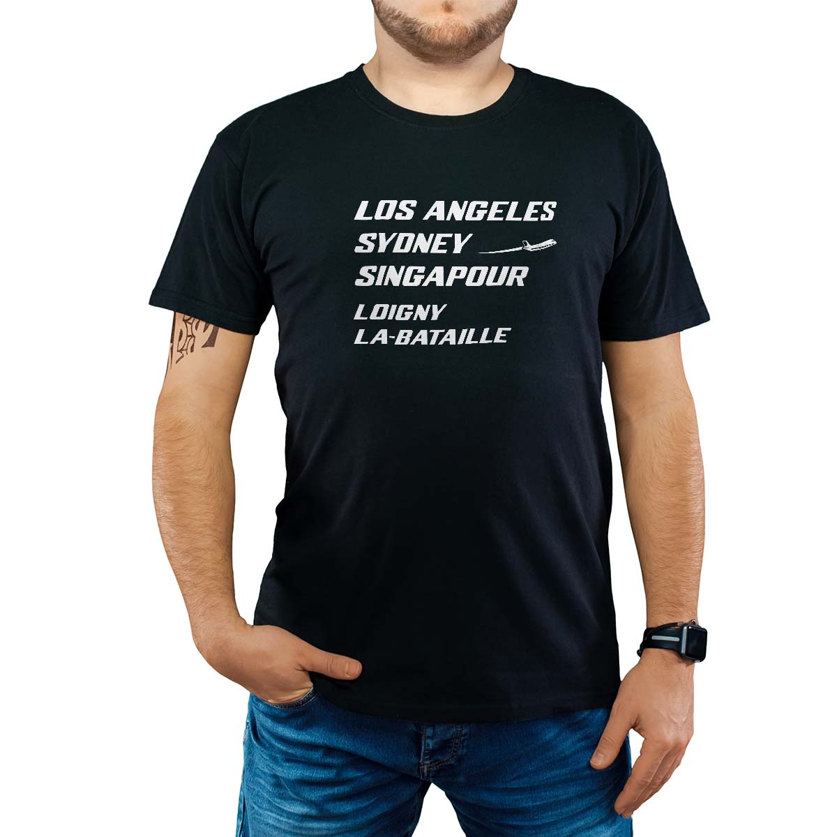 T-Shirt noir pour homme avec le message personnalisé blanc los angeles sydney singapour loigny-la-bataille