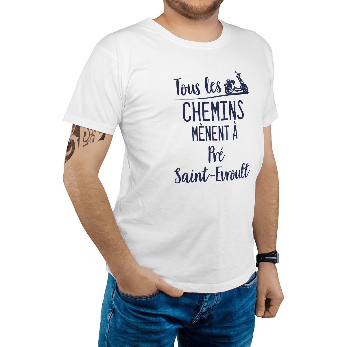 T-Shirt blanc pour homme avec le message personnalisé marine tous les chemins mènent à pré-saint-evroult