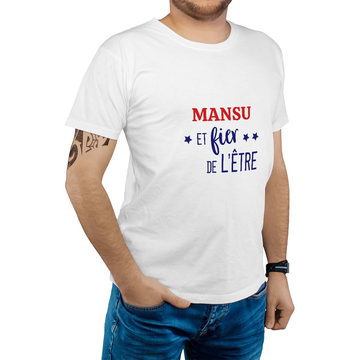 T-Shirt blanc pour homme avec le message personnalisé marine mansu  et fier de l'être