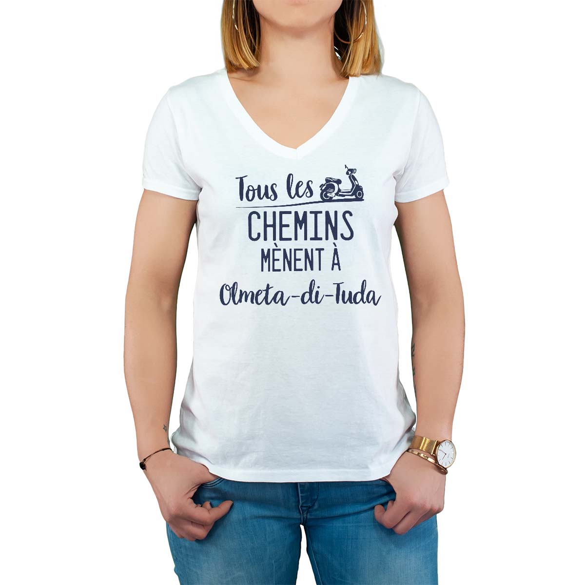 T-Shirt blanc pour femme avec le message personnalisé marine tous les chemins mènent à olmeta-di-tuda