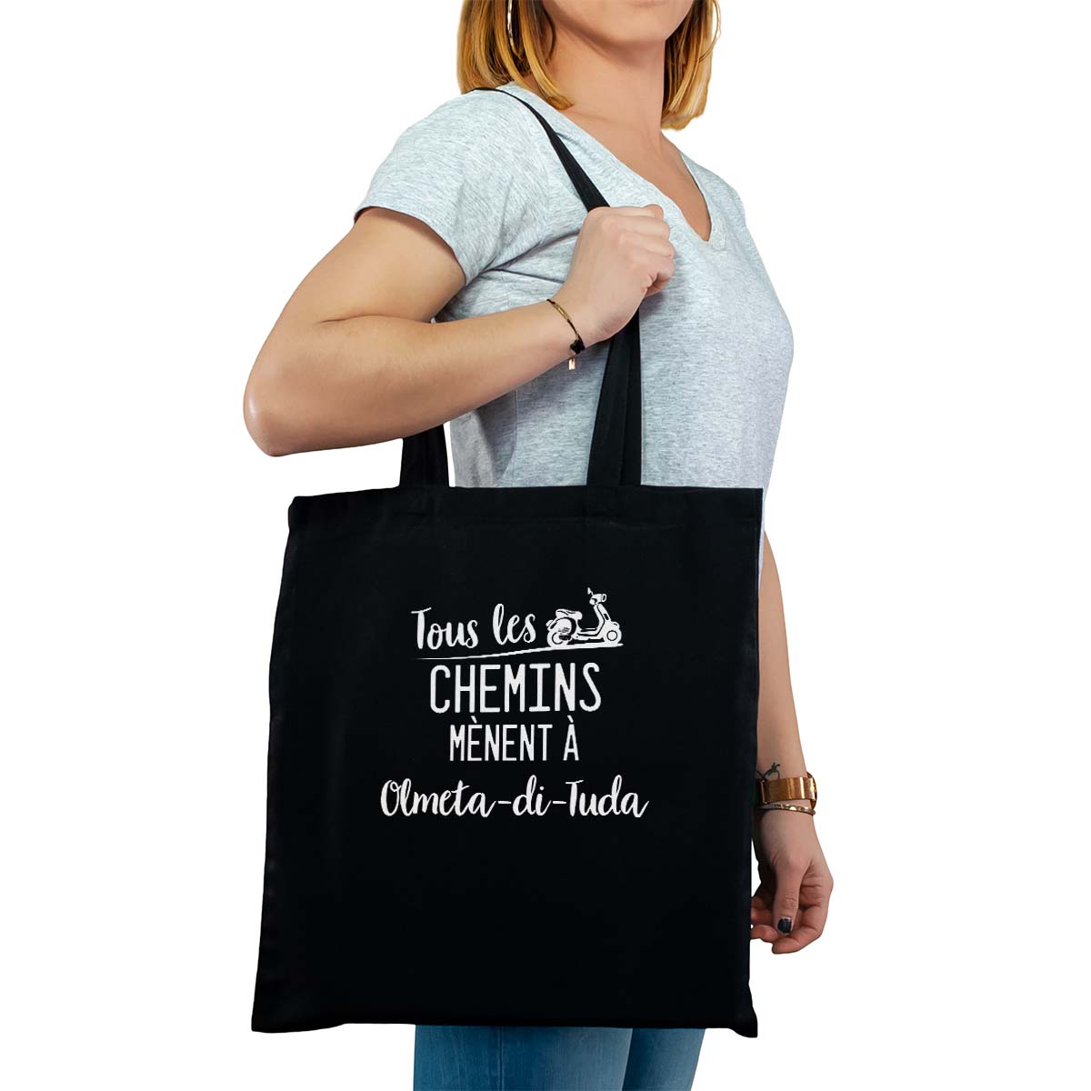 Totebag cabas personnalisé noir pour femme avec le message personnalisé blanc tous les chemins mènent à olmeta-di-tuda