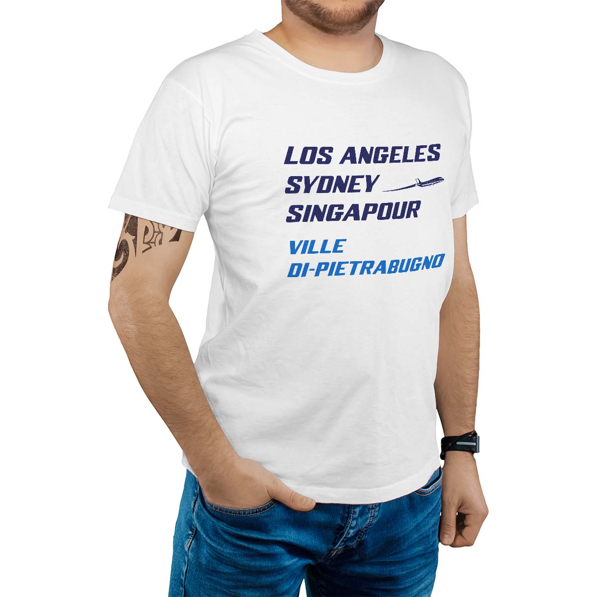 T-Shirt blanc pour homme avec le message personnalisé marine los angeles sydney singapour ville-di-pietrabugno