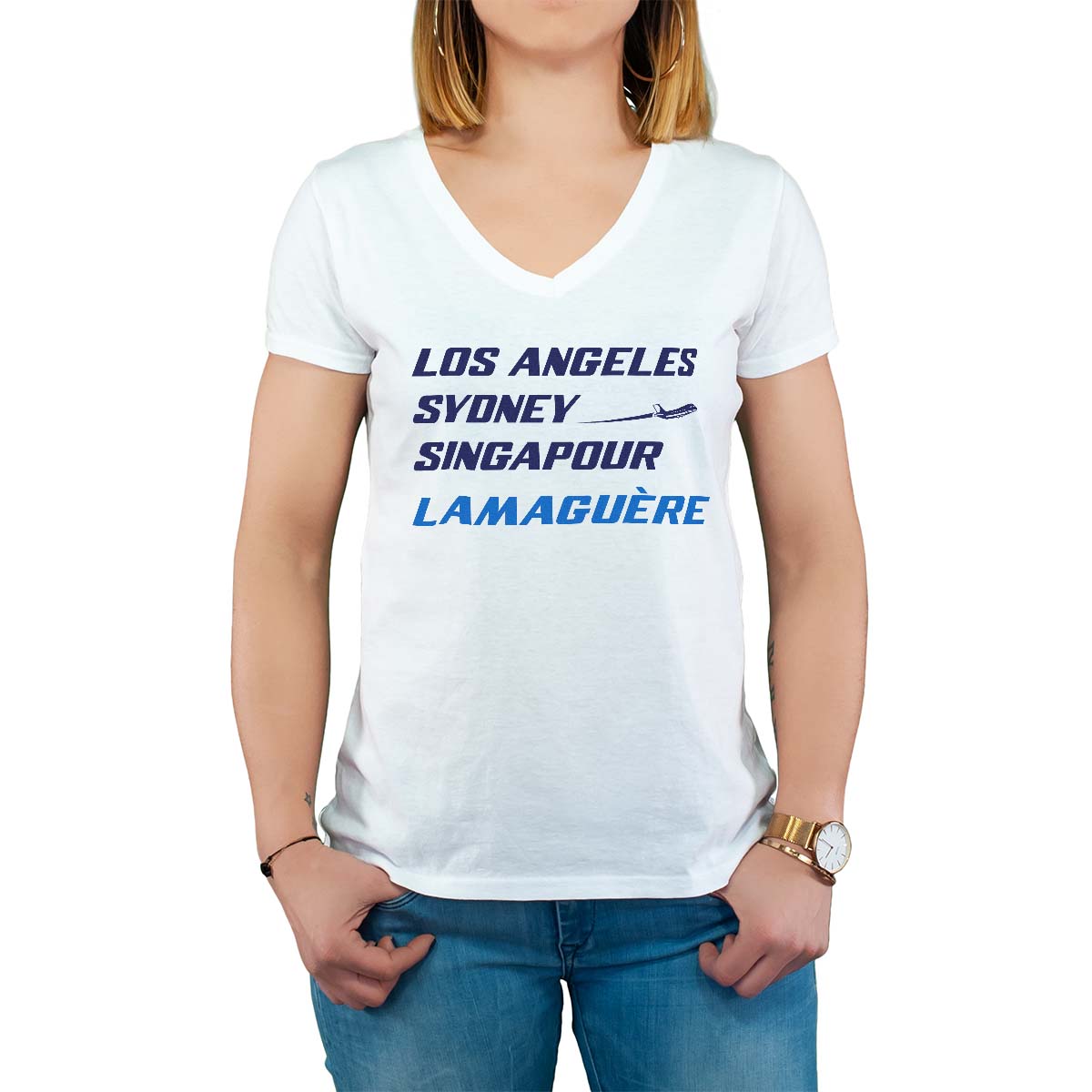T-Shirt blanc pour femme avec le message personnalisé marine los angeles sydney singapour lamaguère