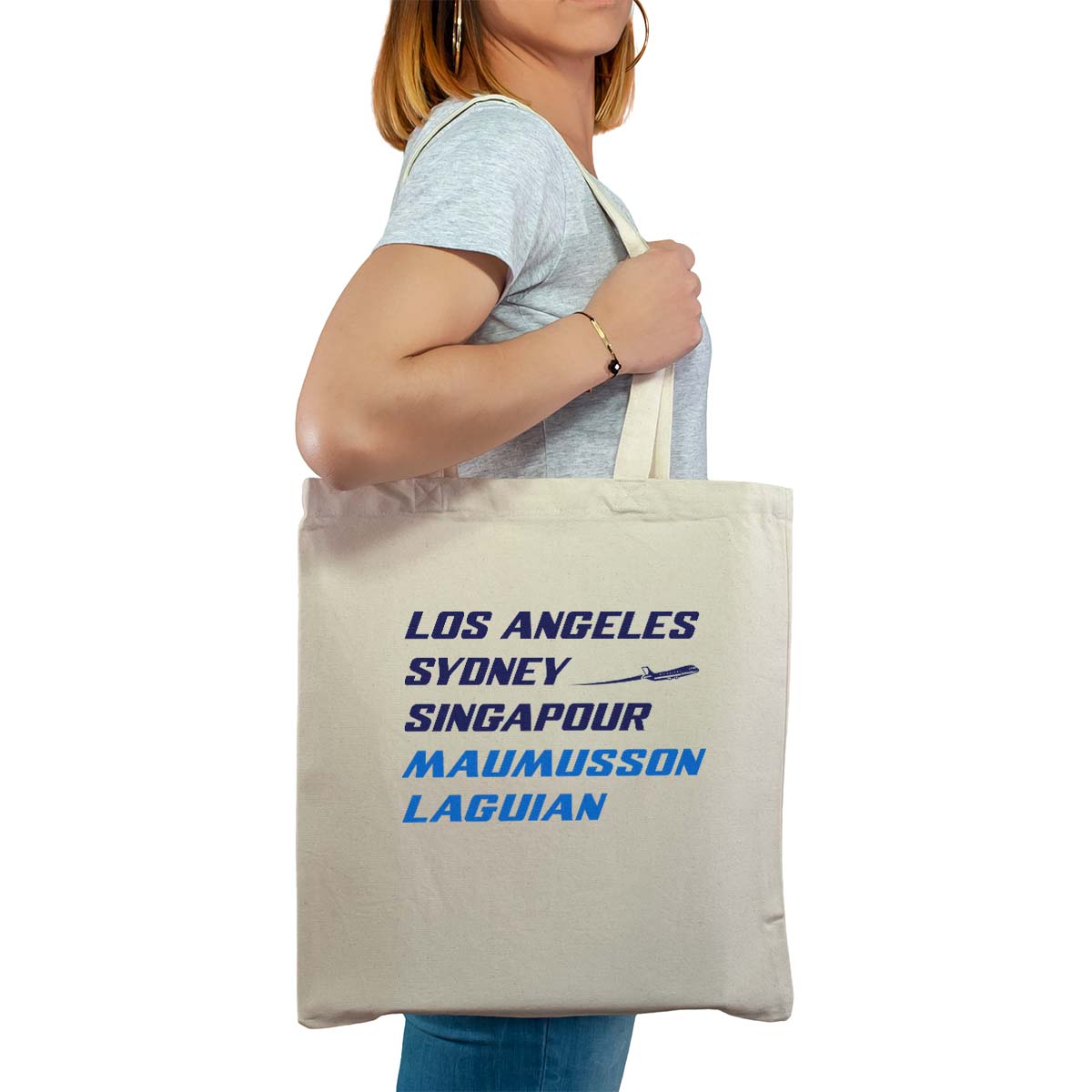 Totebag cabas personnalisé naturel pour femme avec le message personnalisé marine los angeles sydney singapour maumusson-laguian