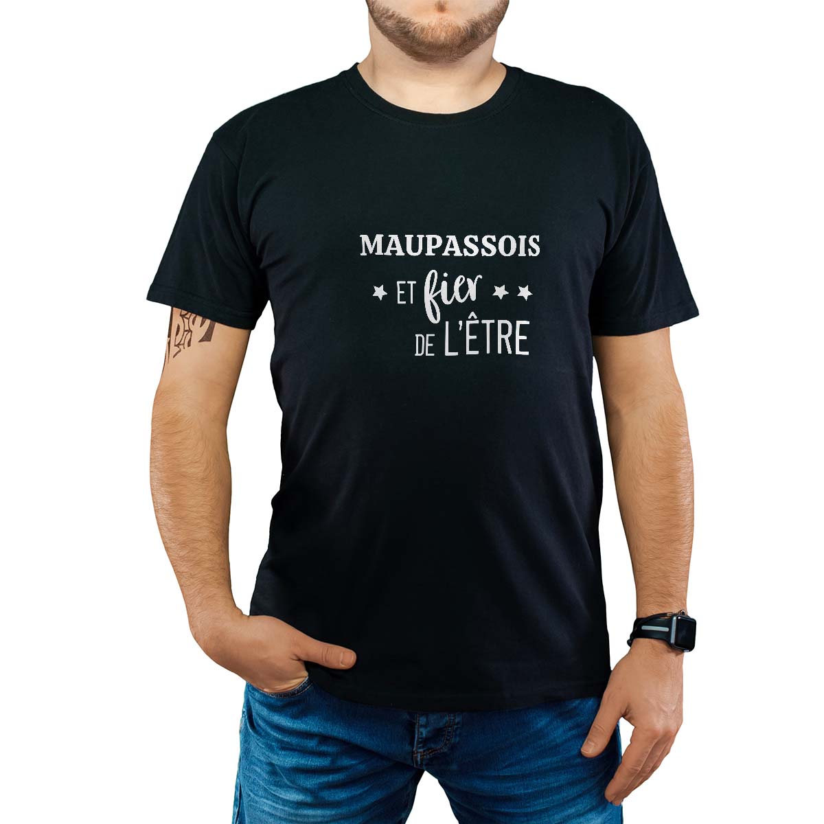 T-Shirt noir pour homme avec le message personnalisé blanc maupassois  et fier de l'être