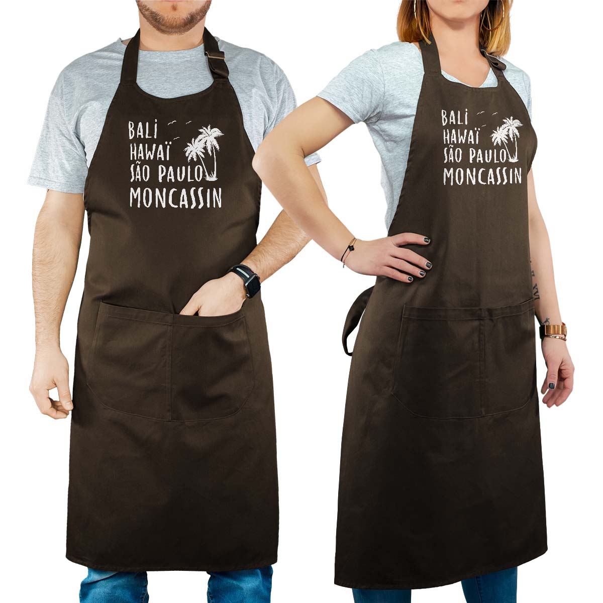 Tablier de cuisine personnalisé cacao pour femme avec le message personnalisé blanc bali hawaï sao-paulo moncassin