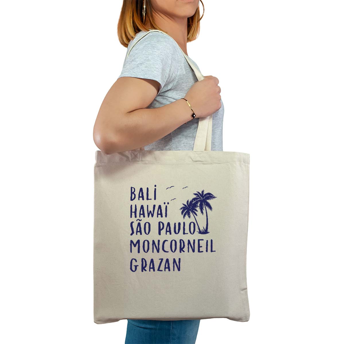 Totebag cabas personnalisé naturel pour femme avec le message personnalisé marine bali hawaï sao-paulo moncorneil-grazan