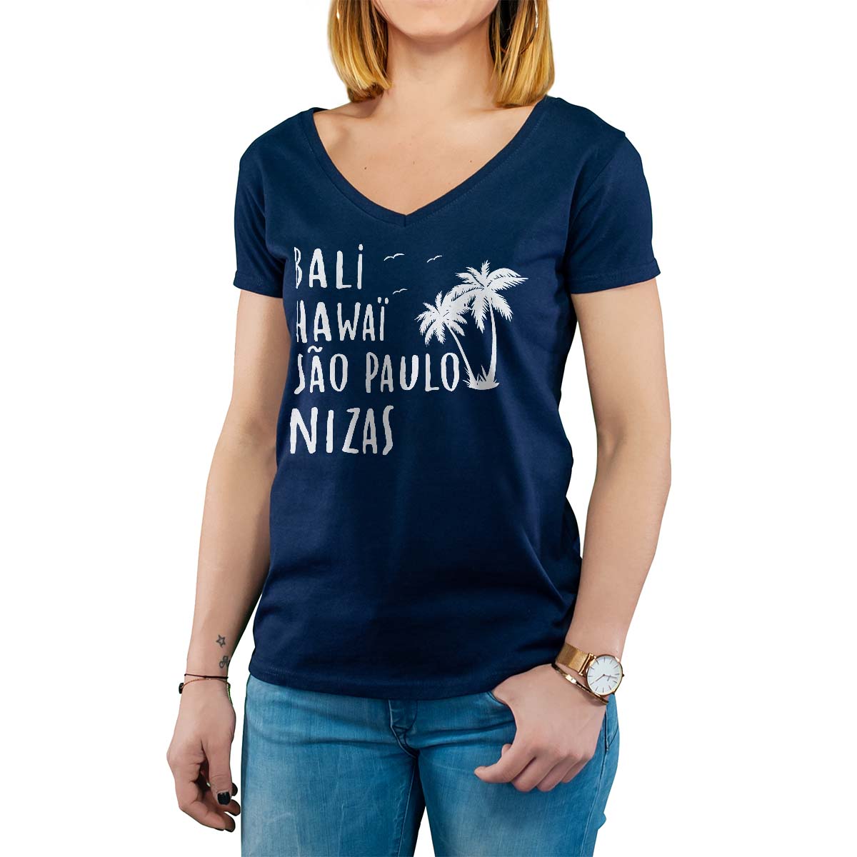 T-Shirt marine pour femme avec le message personnalisé blanc bali hawaï sao-paulo nizas