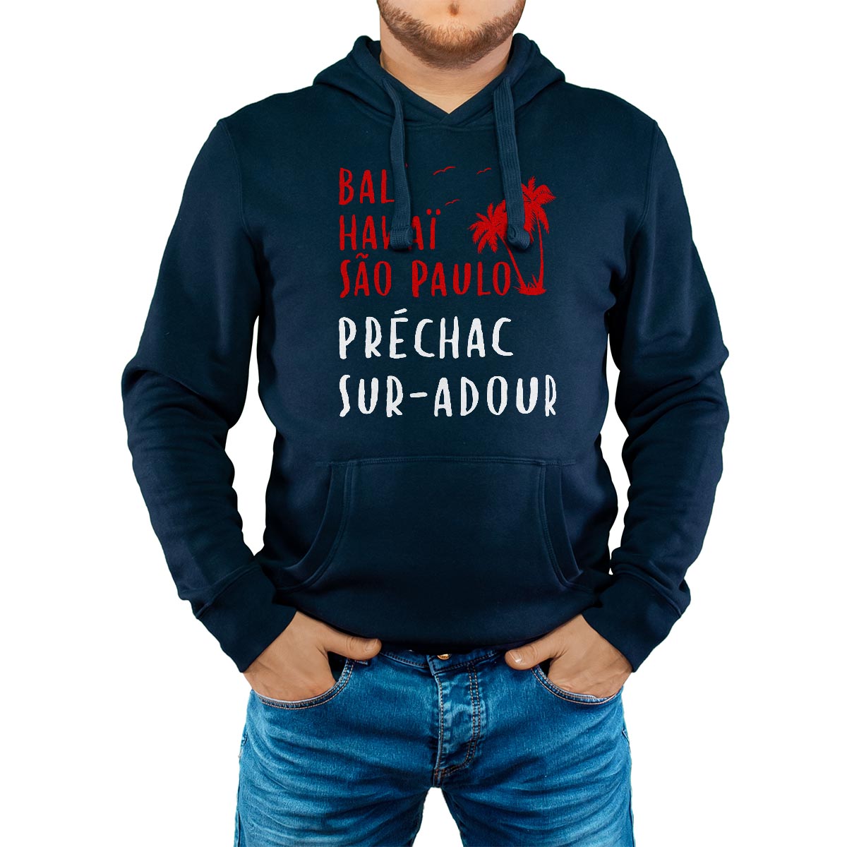Sweat-shirt à capuche marine pour homme avec le message personnalisé rouge bali hawaï sao-paulo préchac-sur-adour