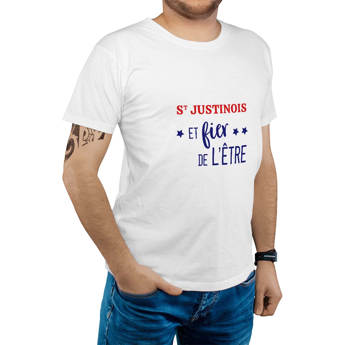 T-Shirt blanc pour homme avec le message personnalisé marine saint-justinois  et fier de l'être