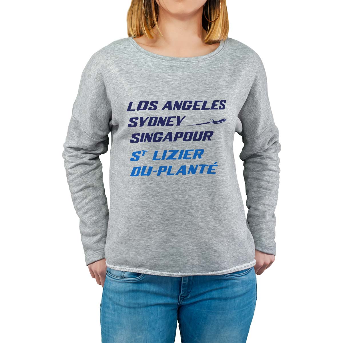Sweat shirt gris pour femme avec le message personnalisé marine los angeles sydney singapour saint-lizier-du-planté
