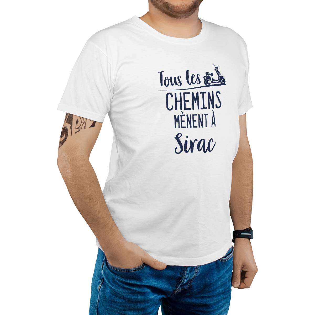 T-Shirt blanc pour homme avec le message personnalisé marine tous les chemins mènent à sirac