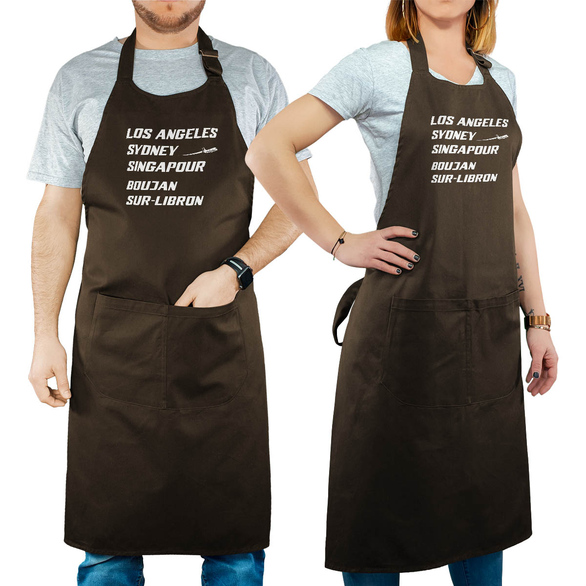 Tablier de cuisine personnalisé cacao pour femme avec le message personnalisé blanc los angeles sydney singapour boujan-sur-libron