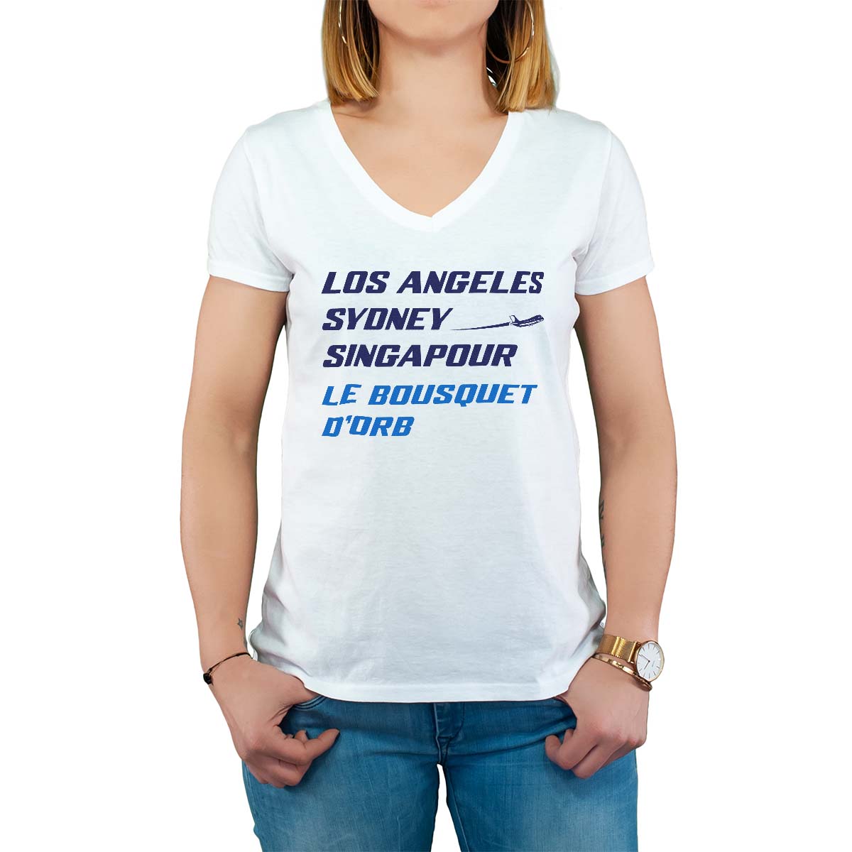 T-Shirt blanc pour femme avec le message personnalisé marine los angeles sydney singapour le bousquet-d'orb