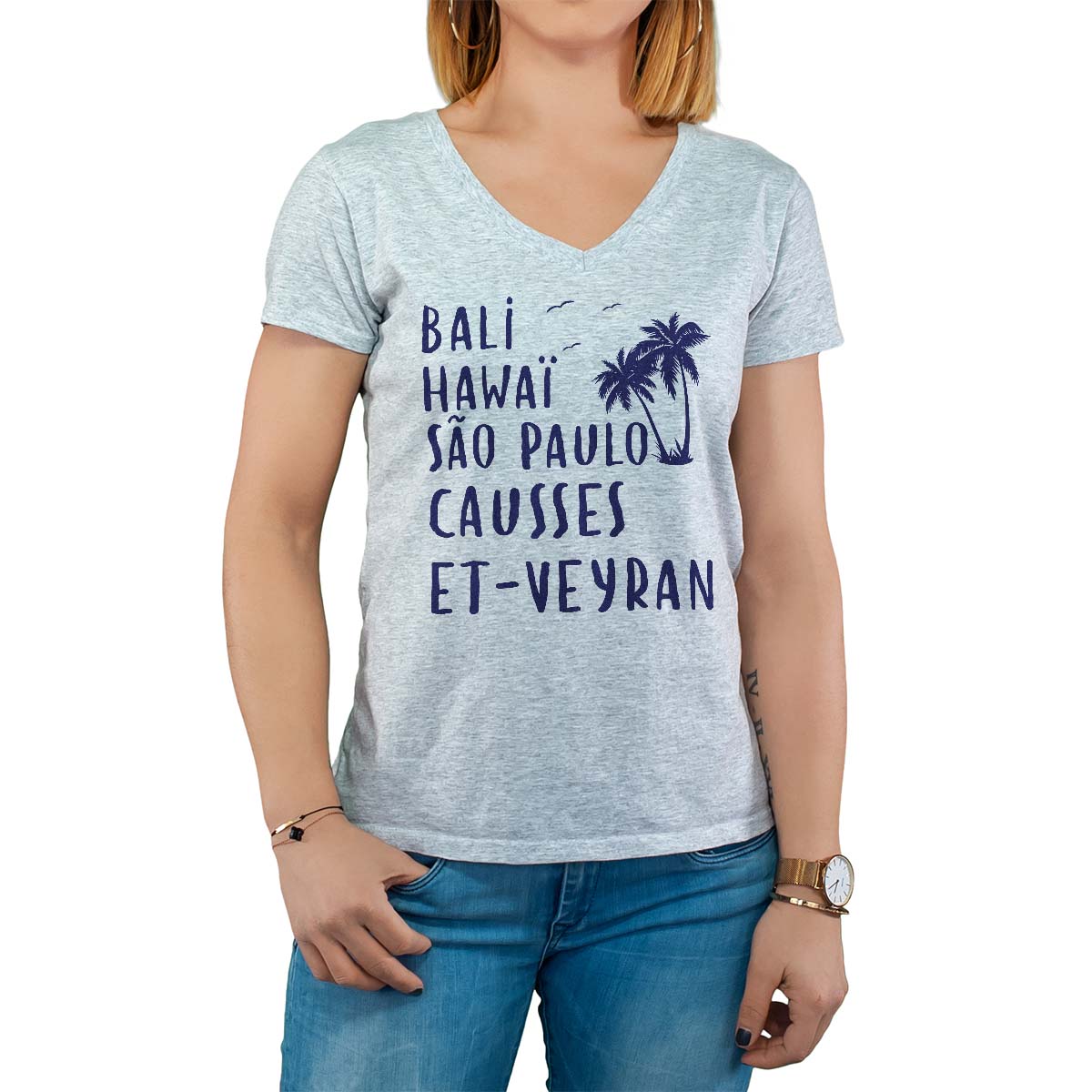 T-Shirt gris pour femme avec le message personnalisé marine bali hawaï sao-paulo causses-et-veyran