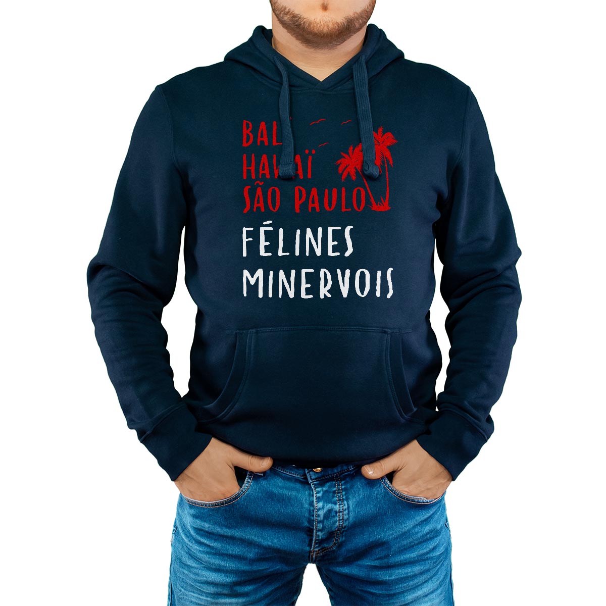 Sweat-shirt à capuche marine pour homme avec le message personnalisé rouge bali hawaï sao-paulo félines-minervois