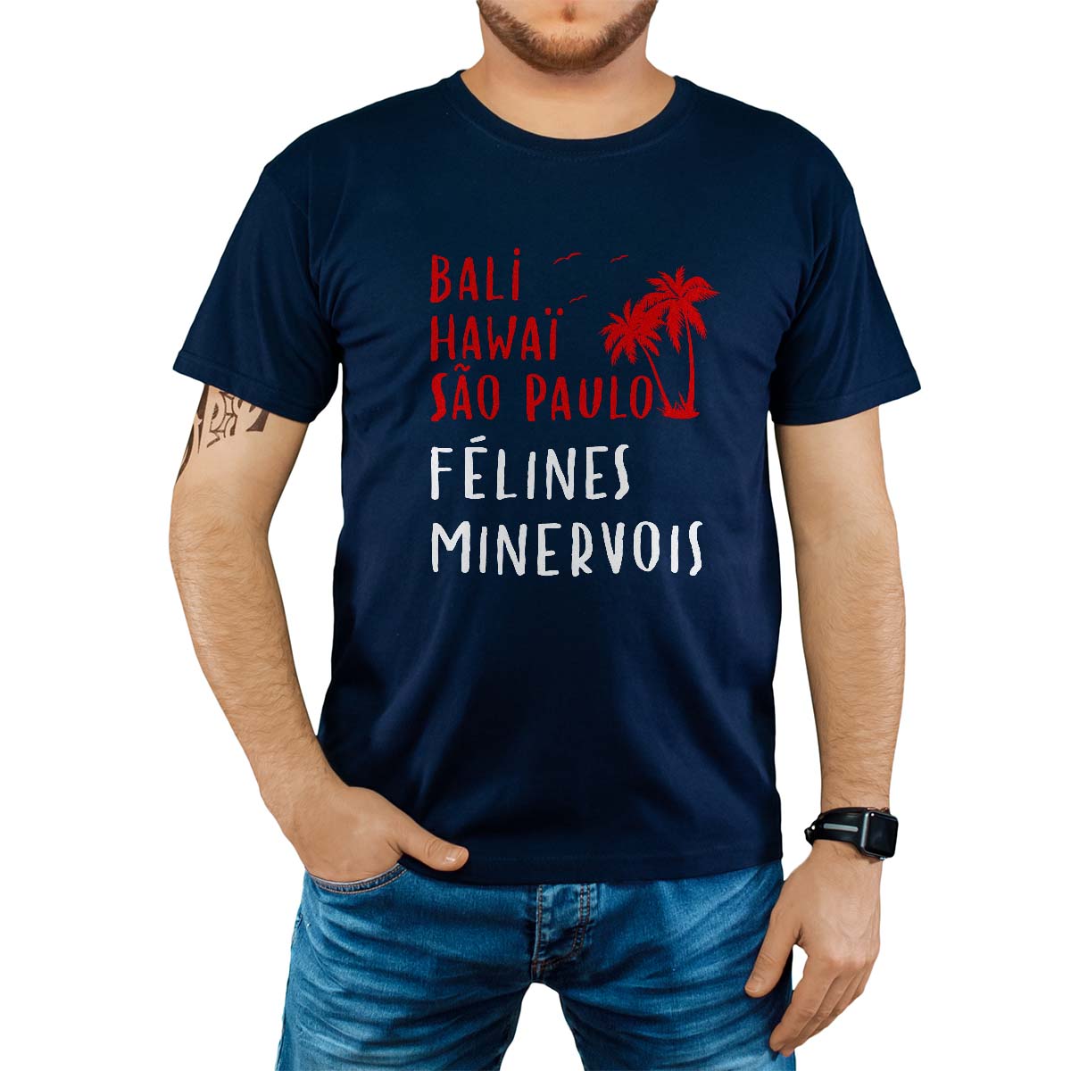 T-Shirt marine pour homme avec le message personnalisé rouge bali hawaï sao-paulo félines-minervois