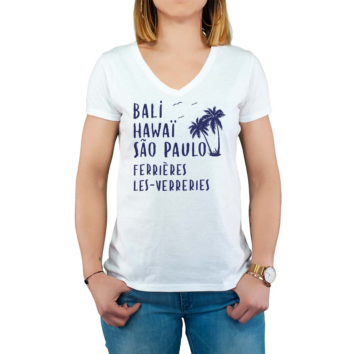T-Shirt blanc pour femme avec le message personnalisé marine bali hawaï sao-paulo ferrières-les-verreries