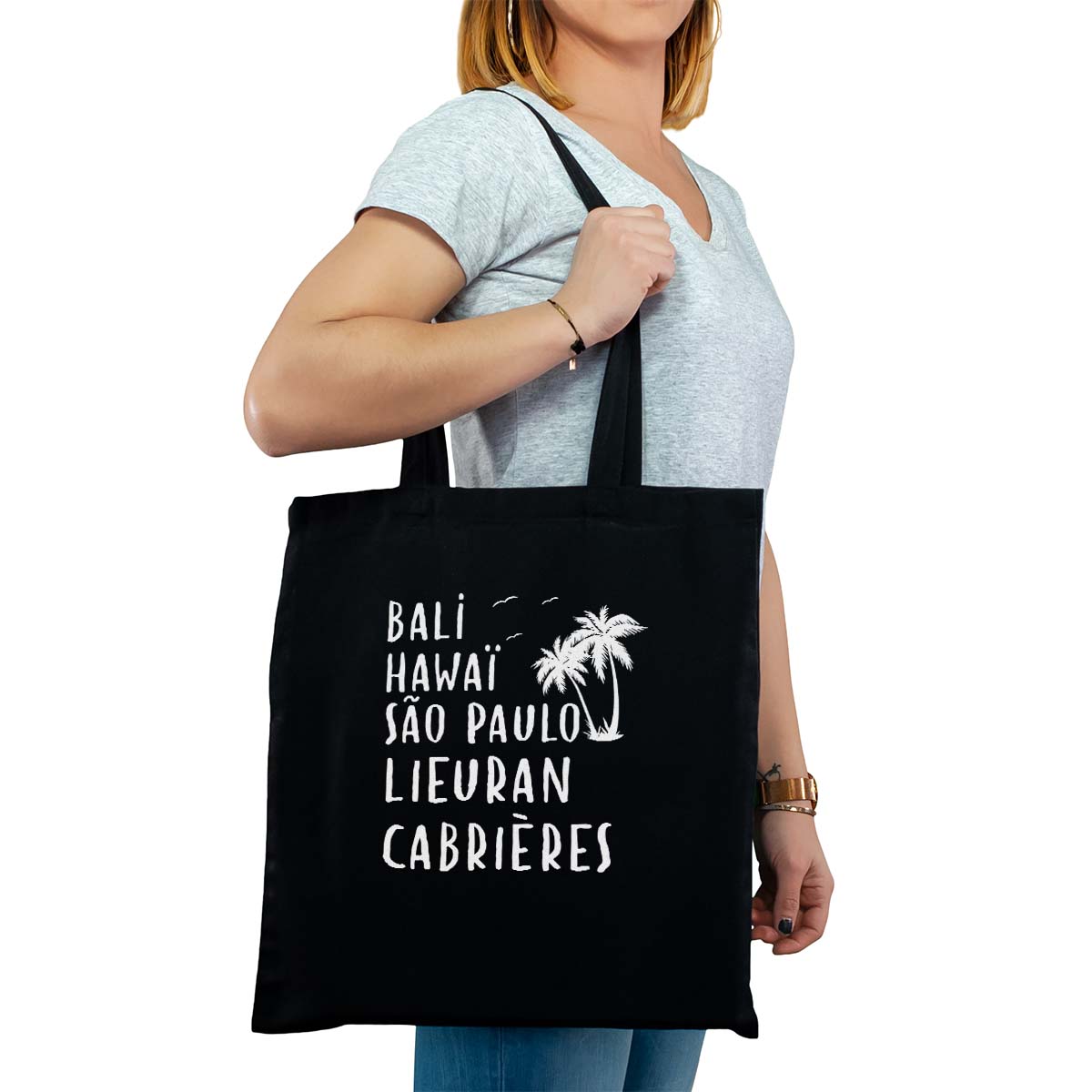 Totebag cabas personnalisé noir pour femme avec le message personnalisé blanc bali hawaï sao-paulo lieuran-cabrières