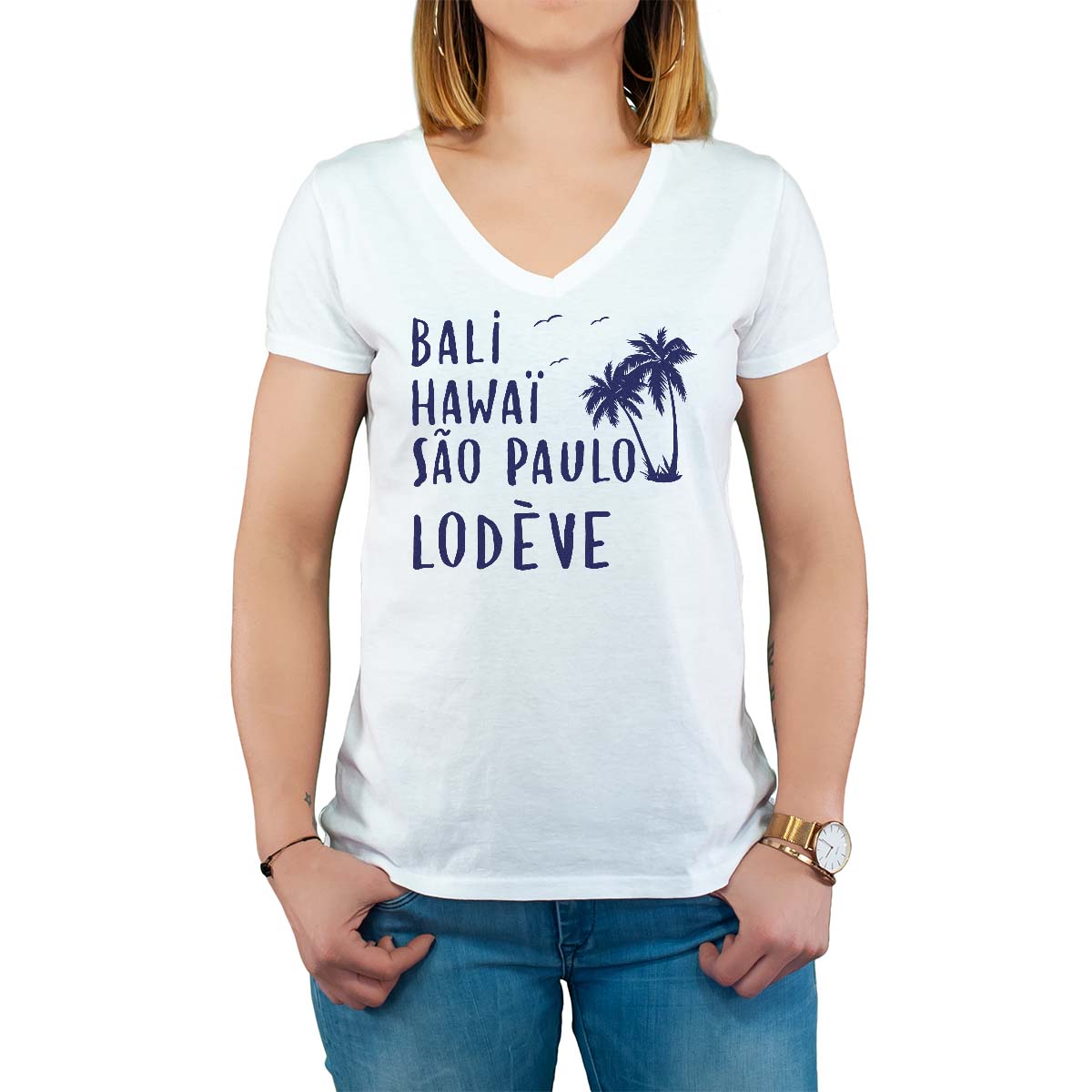T-Shirt blanc pour femme avec le message personnalisé marine bali hawaï sao-paulo lodève
