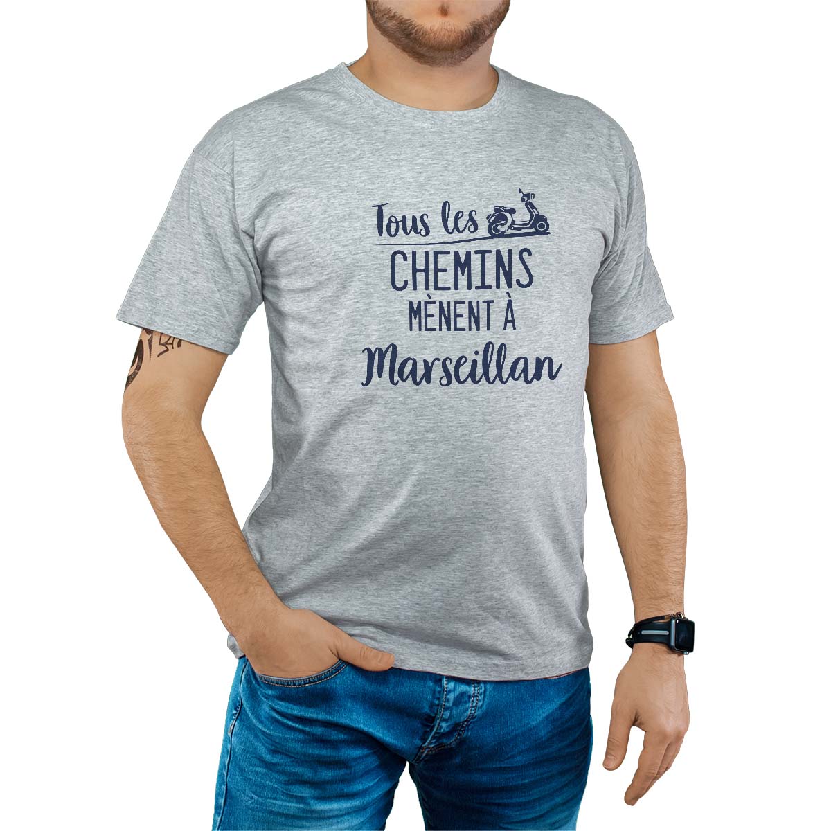 T-Shirt gris pour homme avec le message personnalisé marine tous les chemins mènent à marseillan