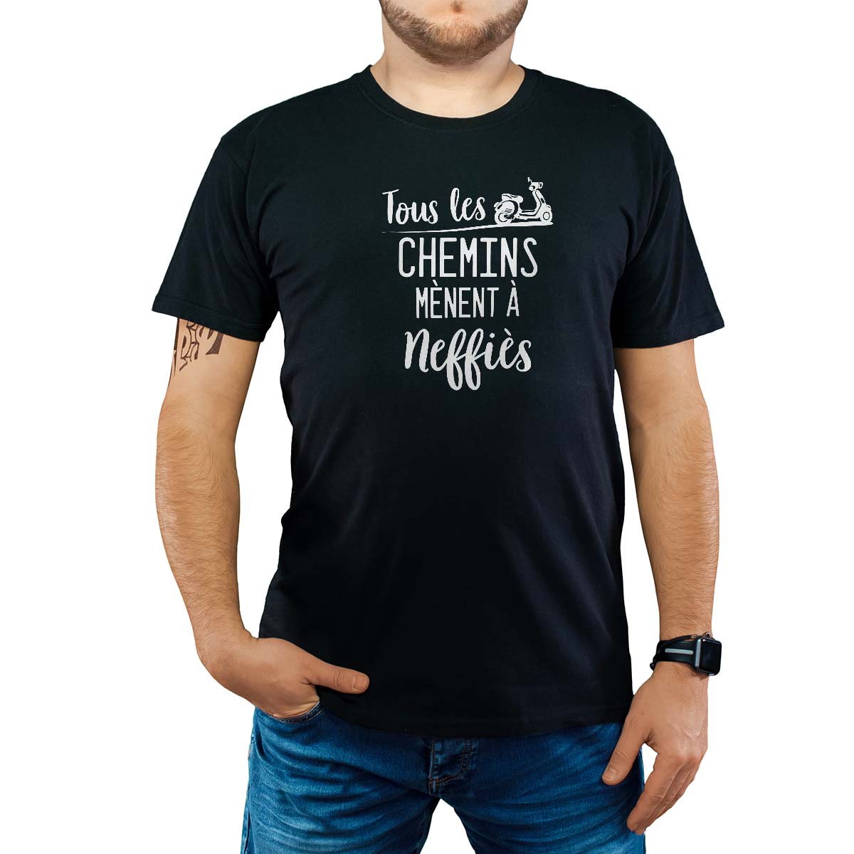 T-Shirt noir pour homme avec le message personnalisé blanc tous les chemins mènent à neffiès